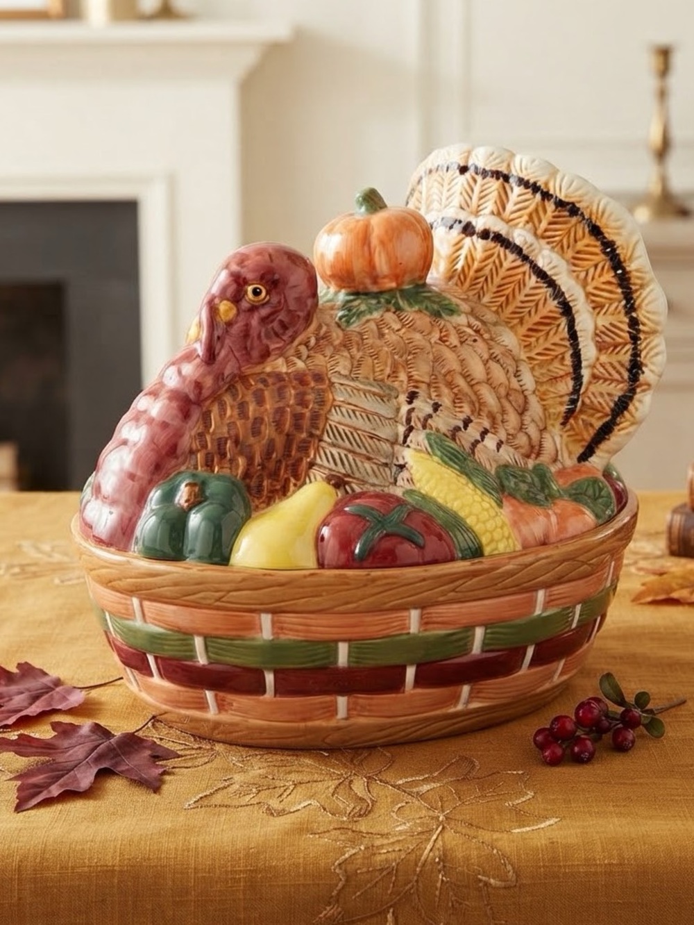 HUGE TURKEY TUREEN THANKSGIVING POTTERY HAND PAINTED NEW HARVEST Fall Vintage